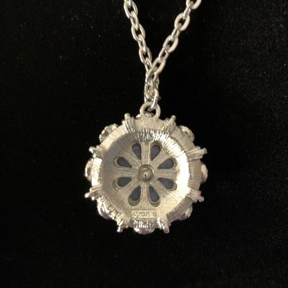 Vintage 1974 Avon Moon Magic Pendant Necklace Blue Rhinestones Moonglow Center - Picture 3 of 4